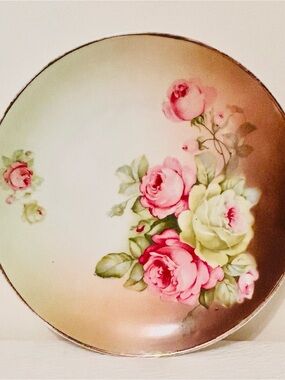 Antique Porcelain Floral Plate with Pink Rose Motif and Gold Gilded Edges